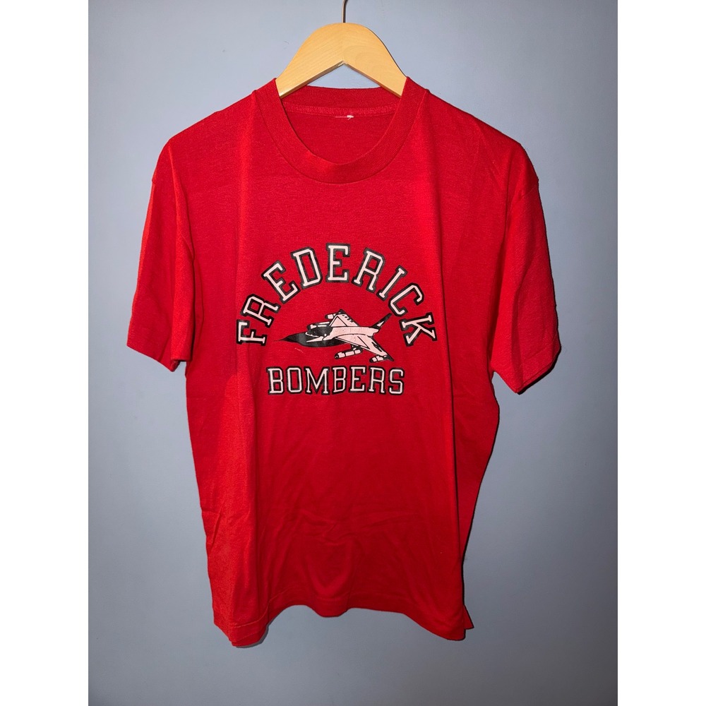 Vintage Frederick Bombers Red Graphic T-Shirt Jet Aircraft Sports Tee Mens Small